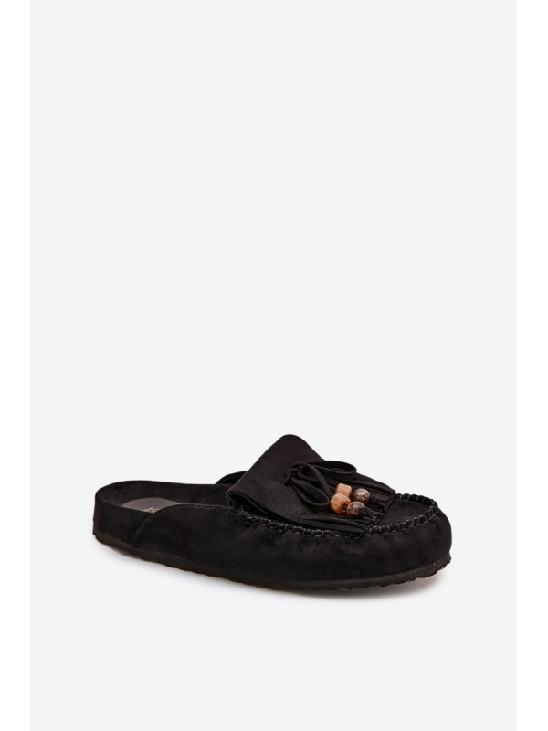 Women's Mules with Fringes and Beads Black Belissa