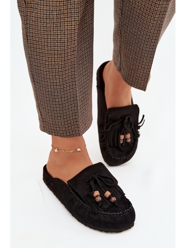 Women's Mules with Fringes and Beads Black Belissa