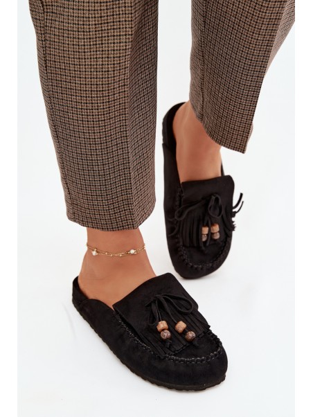 Women's Mules with Fringes and Beads Black Belissa