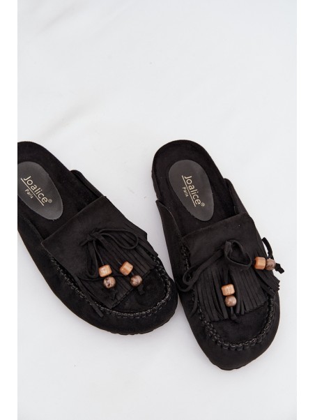 Women's Mules with Fringes and Beads Black Belissa