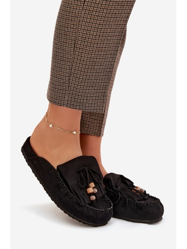 Women's Mules with Fringes and Beads Black Belissa