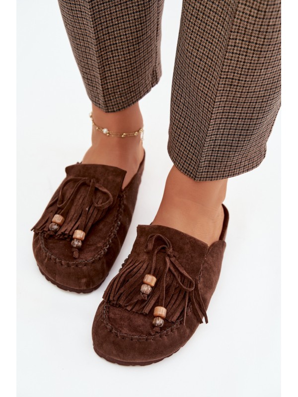 Women s Mules with Fringes and Beads Chocolate Belissa