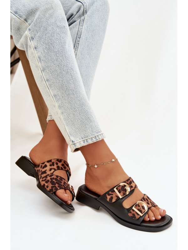 Women's Slippers With Gold Clips Leopard Black-Brown Danelle