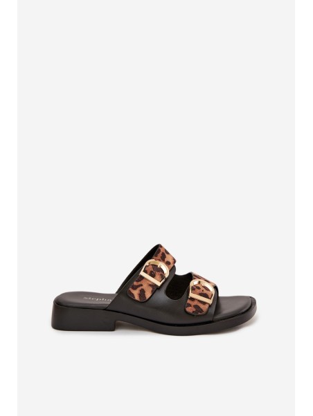 Women's Slippers With Gold Clips Leopard Black-Brown Danelle