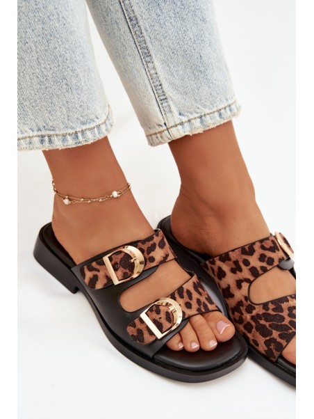 Women's Slippers With Gold Clips Leopard Black-Brown Danelle