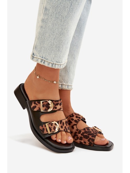 Women's Slippers With Gold Clips Leopard Black-Brown Danelle