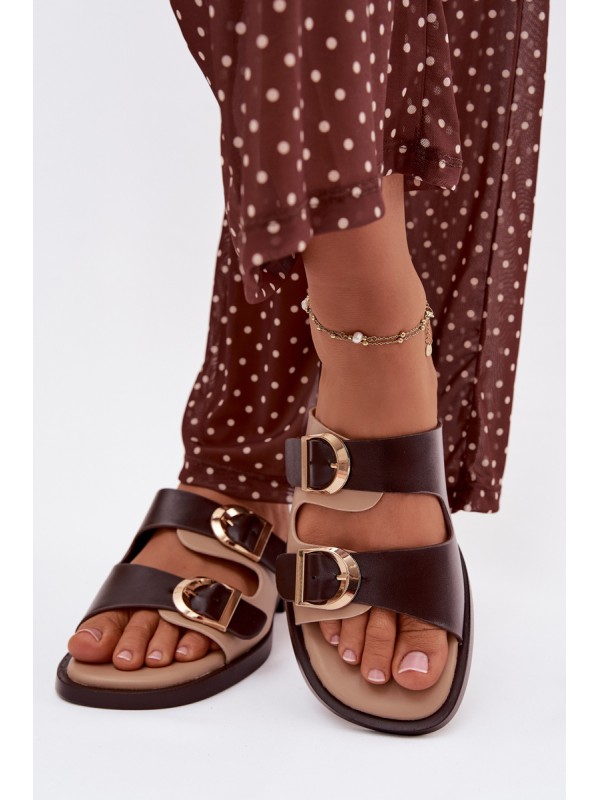 Women's Slippers With Gold Buckles Beige-Brown Danelle