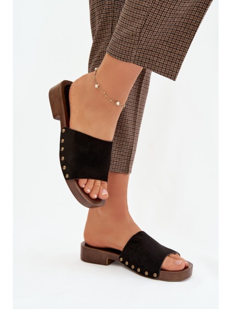 Women's Flat Sandals with Gold Studs Black Girella