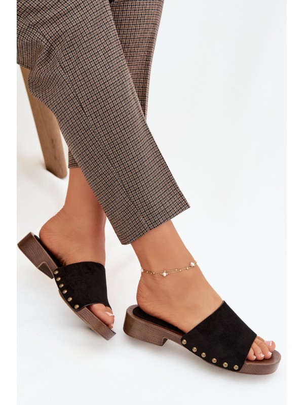 Women's Flat Sandals with Gold Studs Black Girella