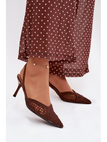 Woven Leather Sandals on Heel Brown Hanelis