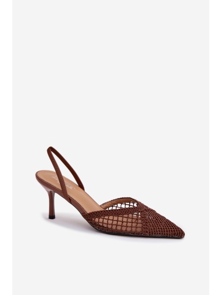 Woven Leather Sandals on Heel Brown Hanelis