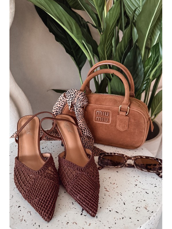 Woven Leather Sandals on Heel Brown Hanelis