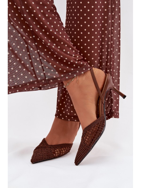 Woven Leather Sandals on Heel Brown Hanelis