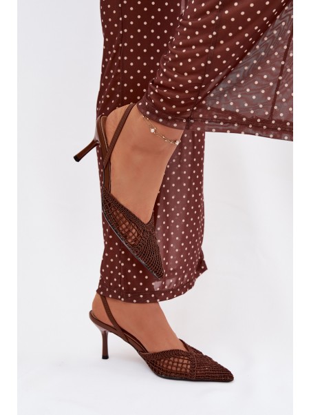 Woven Leather Sandals on Heel Brown Hanelis