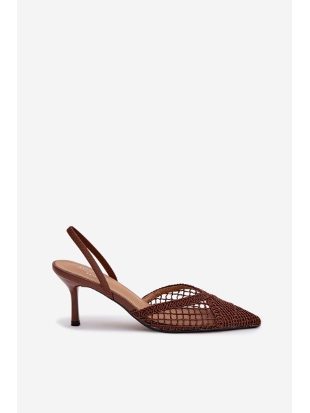 Woven Leather Sandals on Heel Brown Hanelis
