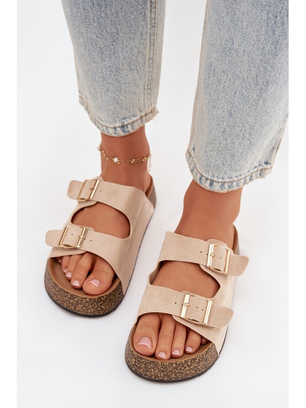 Women's Cork Platform Slides with Gold Clamps Light Beige Tovessa 2