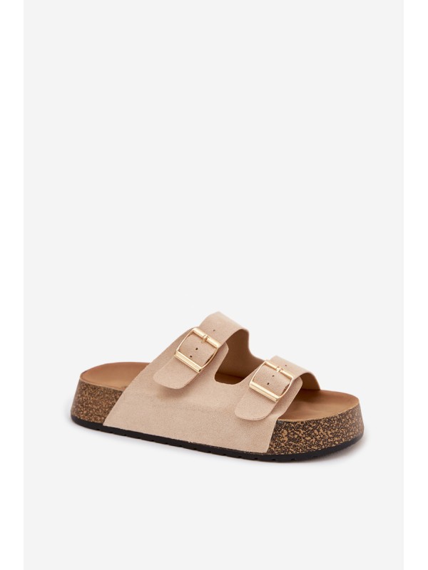 Women's Cork Platform Slides with Gold Clamps Light Beige Tovessa