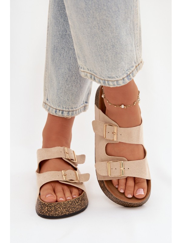 Women's Cork Platform Slides with Gold Clamps Light Beige Tovessa