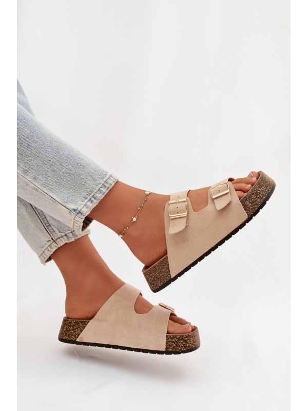 Women's Cork Platform Slides with Gold Clamps Light Beige Tovessa