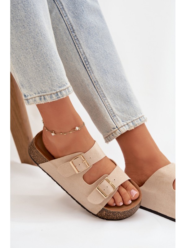 Women's Cork Platform Slides with Gold Clamps Light Beige Tovessa