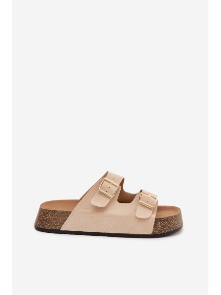 Women's Cork Platform Slides with Gold Clamps Light Beige Tovessa
