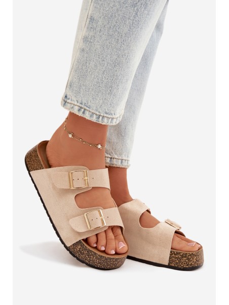 Women's Cork Platform Slides with Gold Clamps Light Beige Tovessa