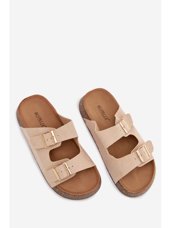 Women's Cork Platform Slides with Gold Clamps Light Beige Tovessa