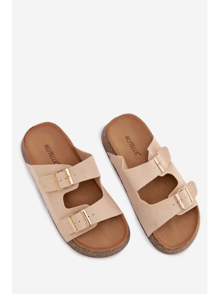 Women's Cork Platform Slides with Gold Clamps Light Beige Tovessa