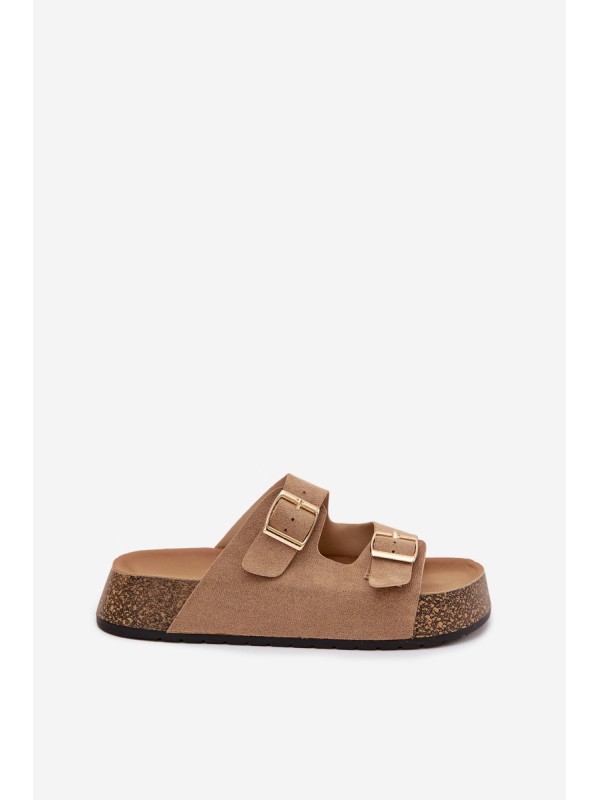 Klapki Damskie Na Korkowej Platformie Ze Złotymi Klamrami Ciemnobeżowe Tovessa