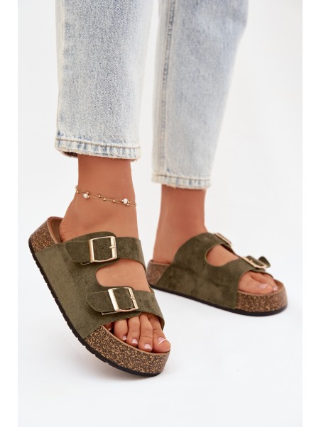 Womens Slippers On Cork Platform With Gold Clamps Green Tovessa