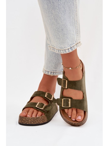 Womens Slippers On Cork Platform With Gold Clamps Green Tovessa