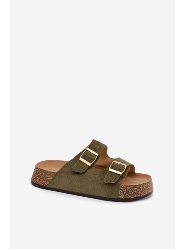 Womens Slippers On Cork Platform With Gold Clamps Green Tovessa