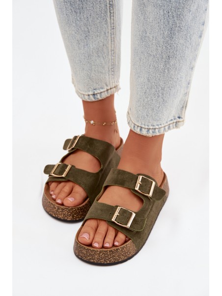 Womens Slippers On Cork Platform With Gold Clamps Green Tovessa