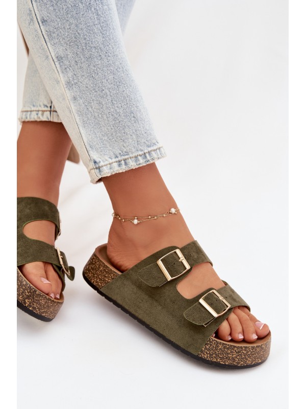 Womens Slippers On Cork Platform With Gold Clamps Green Tovessa