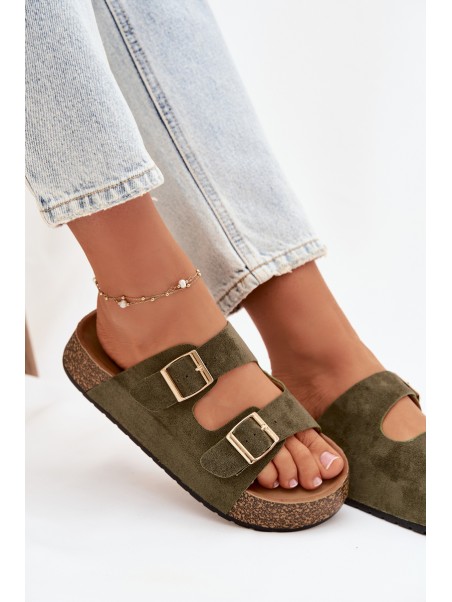 Womens Slippers On Cork Platform With Gold Clamps Green Tovessa