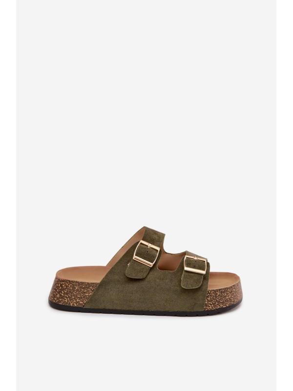 Womens Slippers On Cork Platform With Gold Clamps Green Tovessa