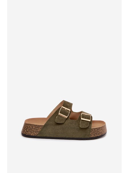 Womens Slippers On Cork Platform With Gold Clamps Green Tovessa