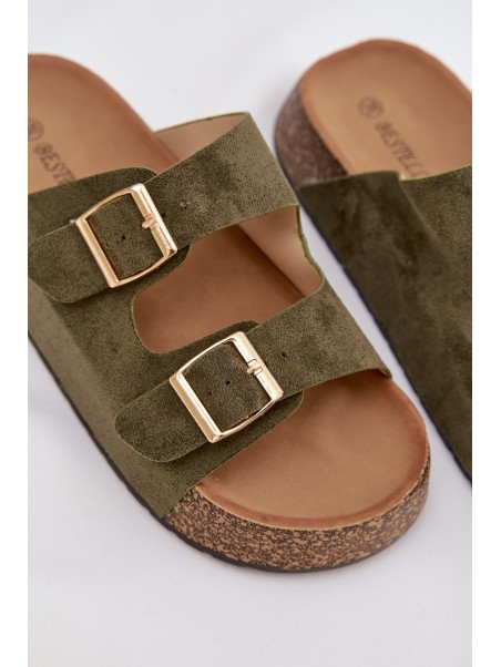 Womens Slippers On Cork Platform With Gold Clamps Green Tovessa