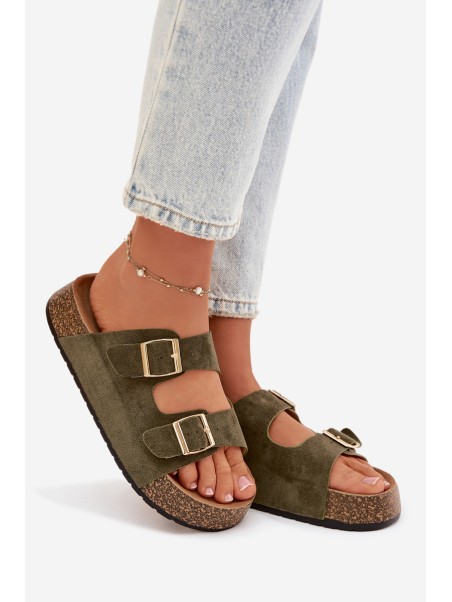 Womens Slippers On Cork Platform With Gold Clamps Green Tovessa