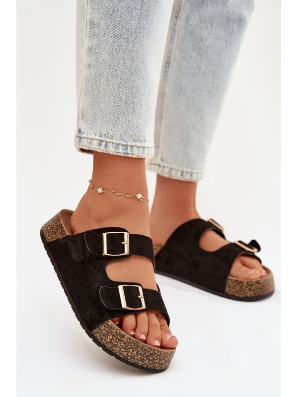 Women's Slippers on Cork Platform with Gold Clips Black Tovessa