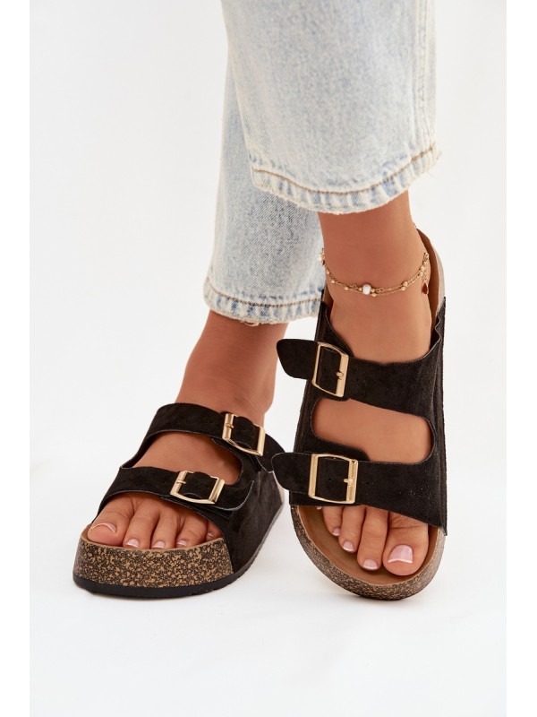 Women's Slippers on Cork Platform with Gold Clips Black Tovessa