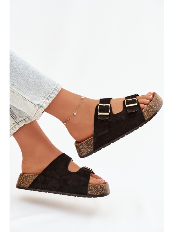 Women's Slippers on Cork Platform with Gold Clips Black Tovessa