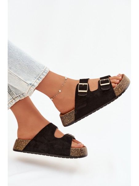 Women's Slippers on Cork Platform with Gold Clips Black Tovessa