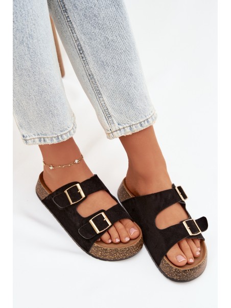 Women's Slippers on Cork Platform with Gold Clips Black Tovessa