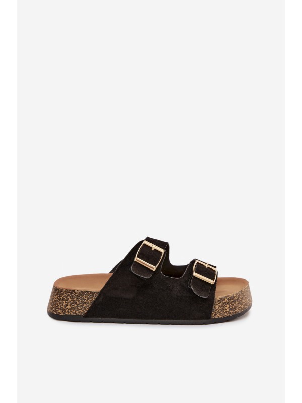 Women's Slippers on Cork Platform with Gold Clips Black Tovessa