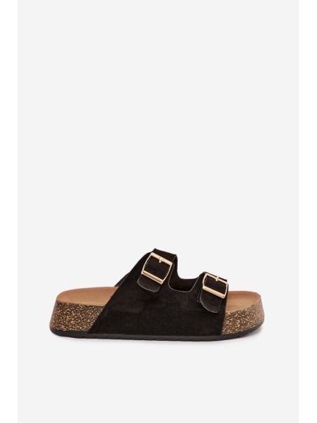 Women's Slippers on Cork Platform with Gold Clips Black Tovessa