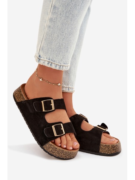 Women's Slippers on Cork Platform with Gold Clips Black Tovessa