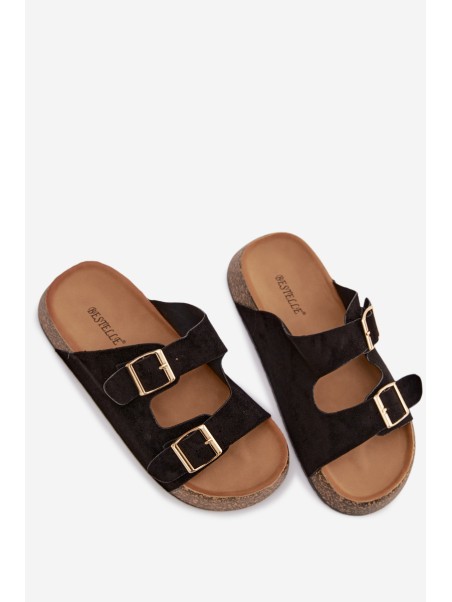 Women's Slippers on Cork Platform with Gold Clips Black Tovessa