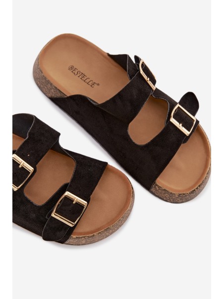 Women's Slippers on Cork Platform with Gold Clips Black Tovessa