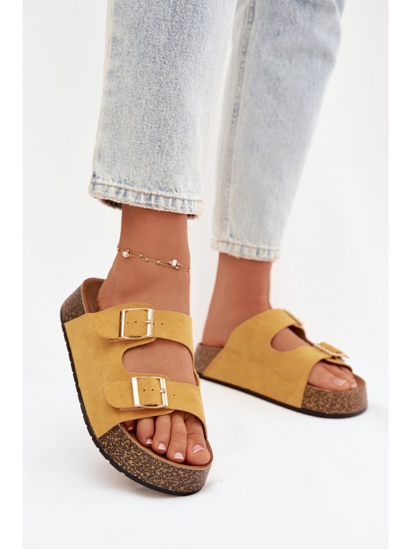 Women's Slippers on Cork Platform with Gold Clips Yellow Tovessa